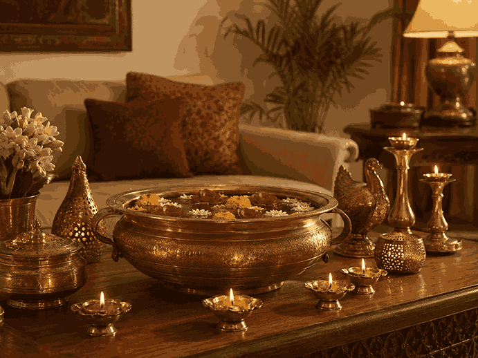 Brass home decor display with floral urli bowl, diyas, candle holders, and warm traditional Indian styling.