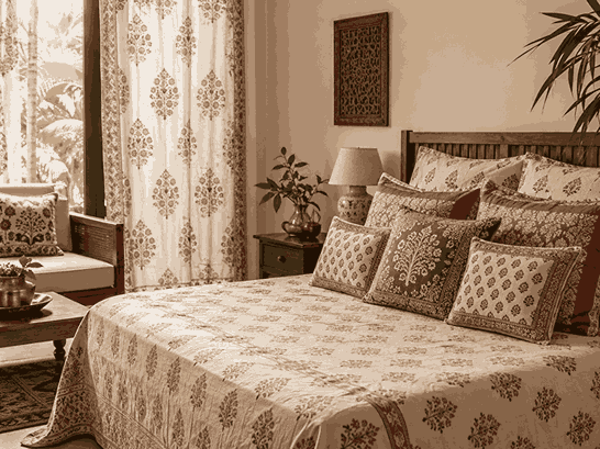 Indian bedroom styled with block-printed bedding, patterned cushions, floral curtains, and wooden furniture.
