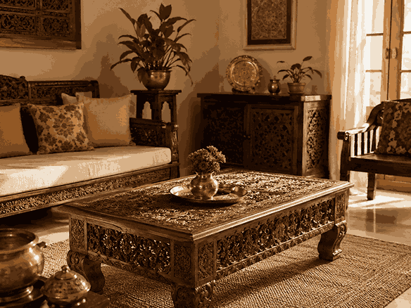 Traditional Indian living room with intricately carved wooden coffee table, carved seating, and brass accents.