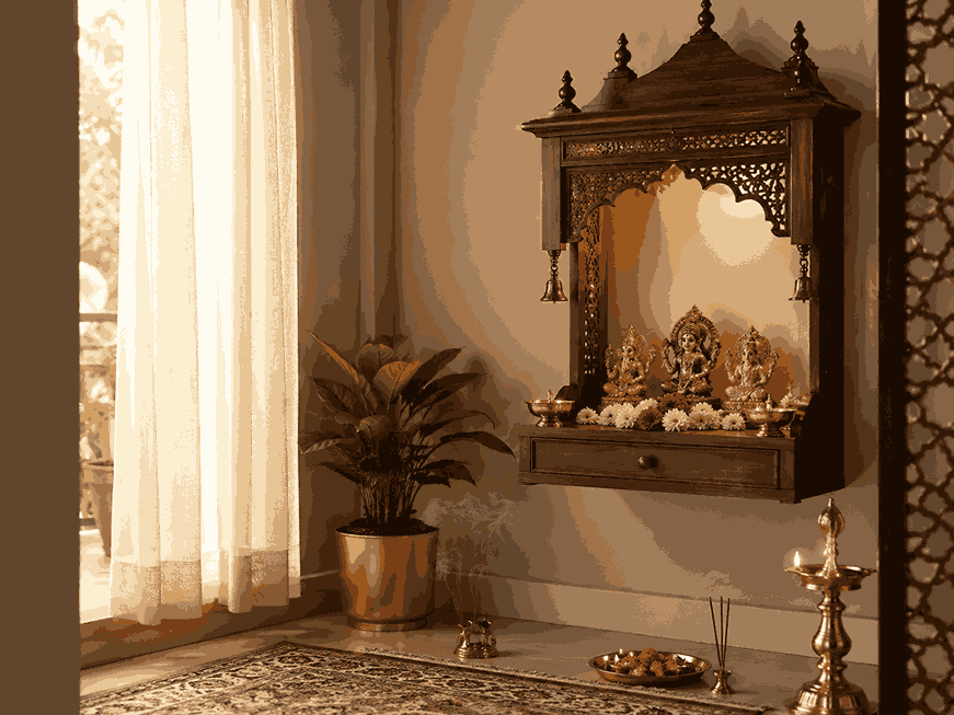 Peaceful Indian mandir corner with carved wooden temple, diyas, incense, flowers, and soft natural light.