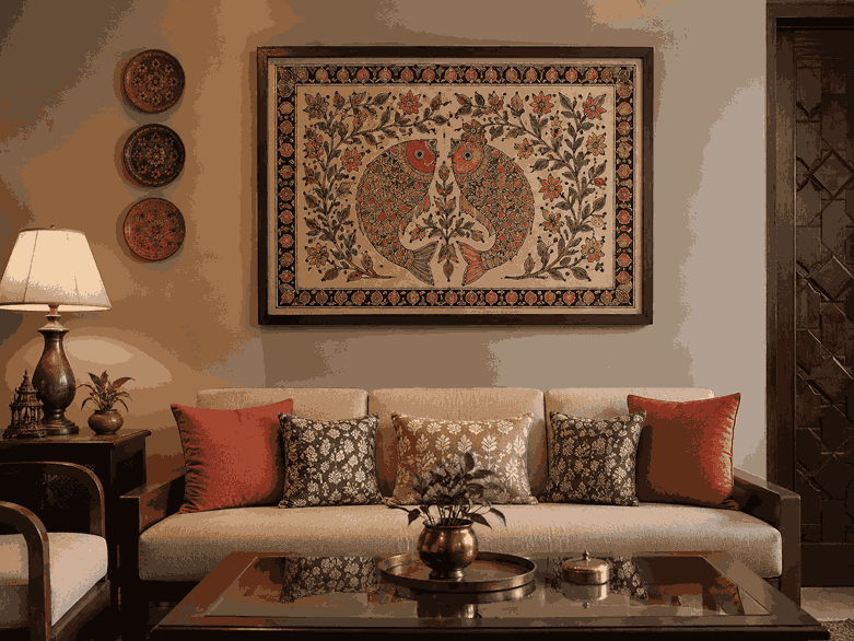Indian living room with framed folk wall art, decorative wall plates, neutral sofa, and patterned cushions.