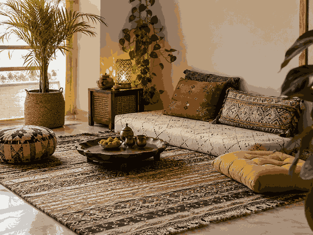 Cozy Indian floor seating area with patterned dhurrie rug, floor cushions, low tray table, and indoor plants.