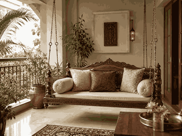 Elegant wooden indoor swing with carved details, soft cushions, plants, and Indian-style balcony decor.