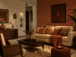 Warm Indian living room with terracotta accent wall, beige sofa, earthy cushions, wooden furniture, and cozy lighting.