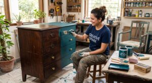 Before and after DIY painted wooden dresser with modern brass hardware upcycling hack