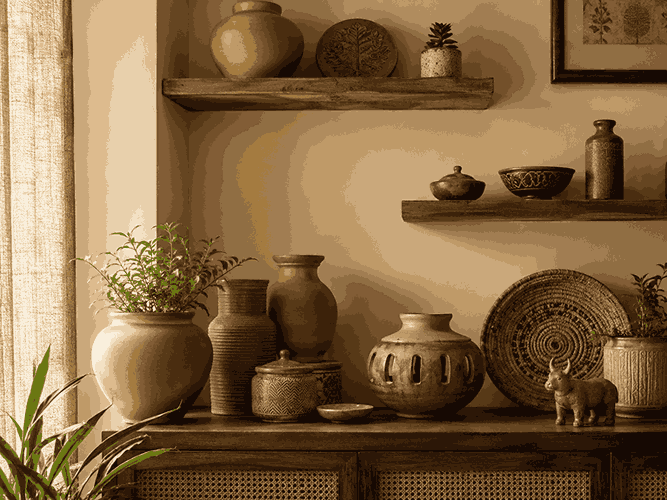 Terracotta and handmade Indian decor display with clay pots, rustic ceramics, wooden shelves, and earthy styling.