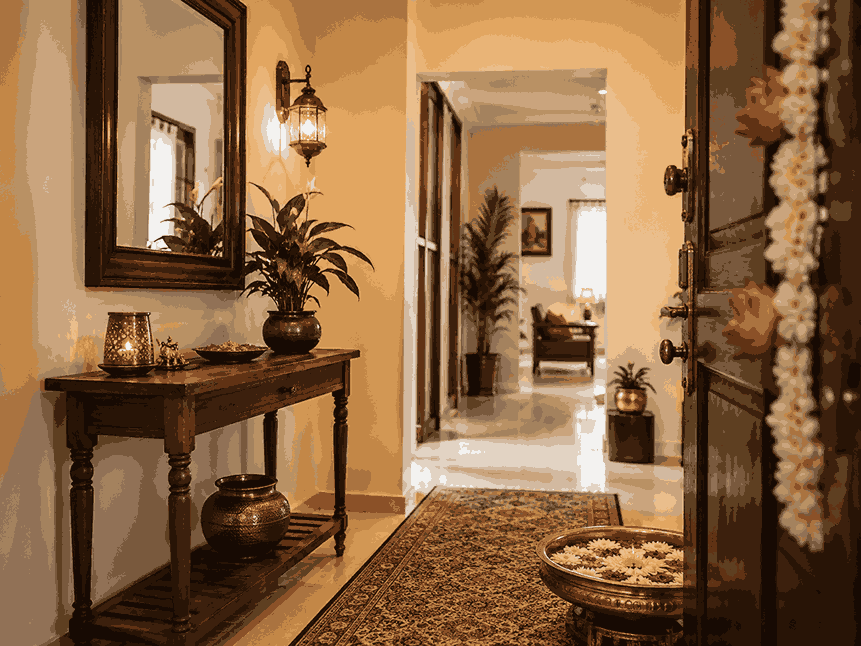 Warm Indian entryway with wooden console table, brass urli bowl, mirror, lantern lighting, and floral decor.