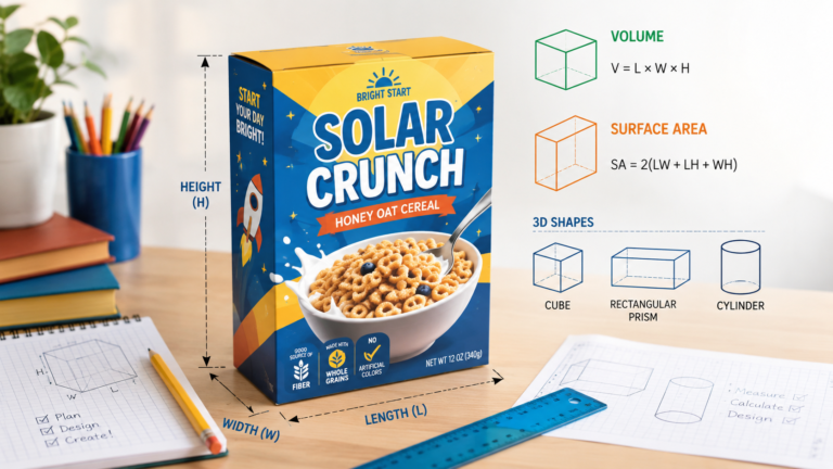 Cereal box design project geometry with ruler and 3D shape labels