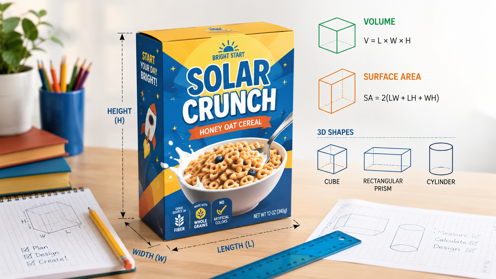Cereal box design project geometry with ruler and 3D shape labels