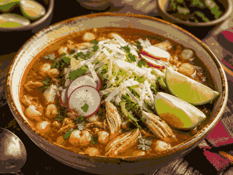 Traditional chicken pozole with fresh Mexican toppings