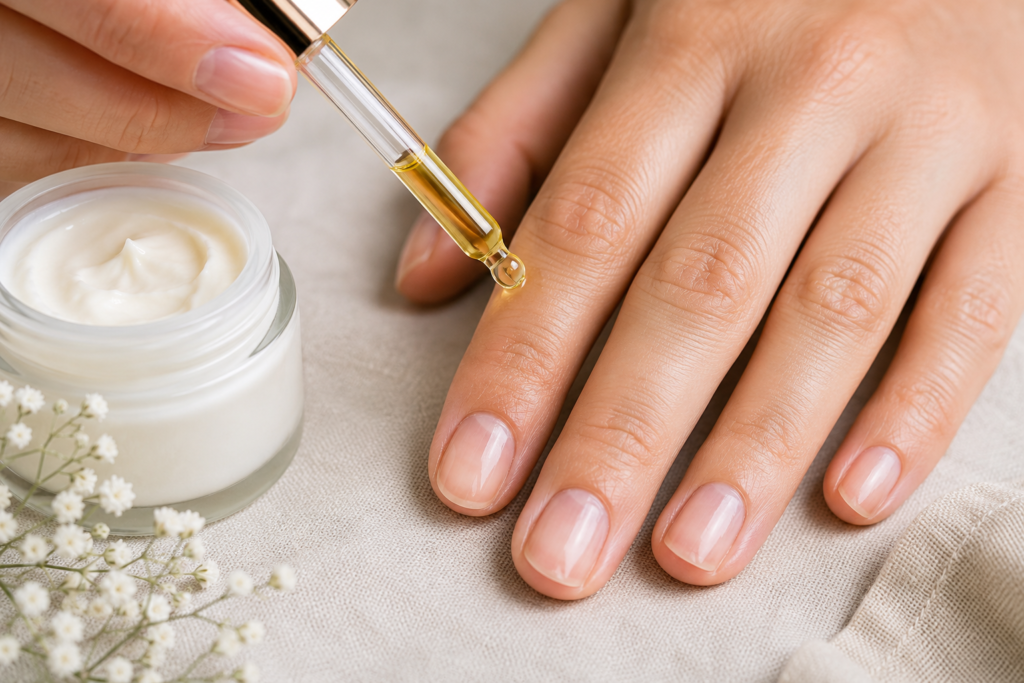 Applying cuticle oil after soaking acrylic nails off at home