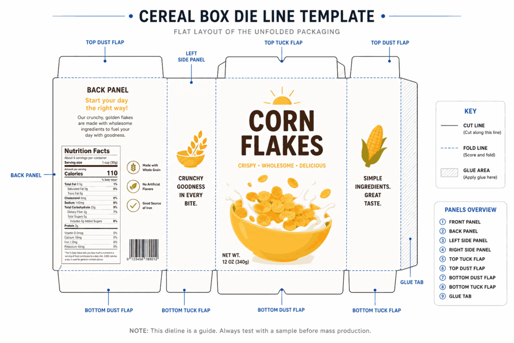 cereal box template with front back side panels and fold lines