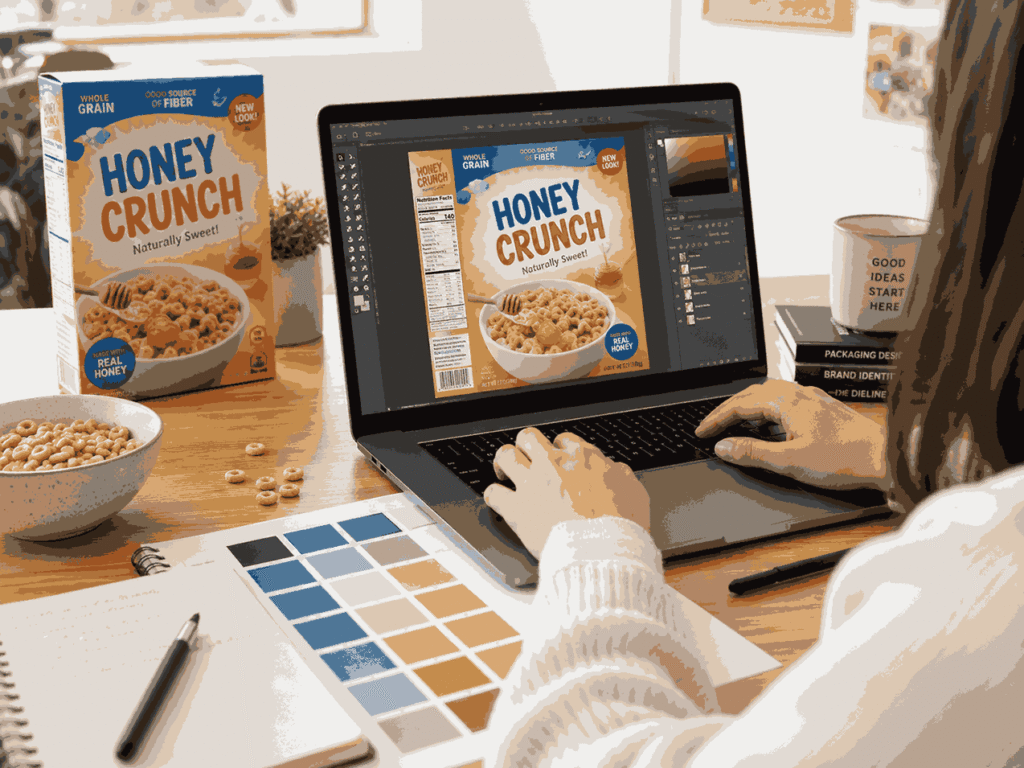 custom cereal box design process with laptop color palette and cereal bowl