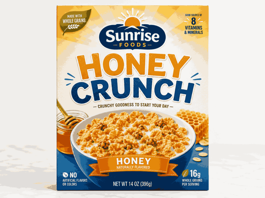 cereal box front panel design with logo cereal name and product image