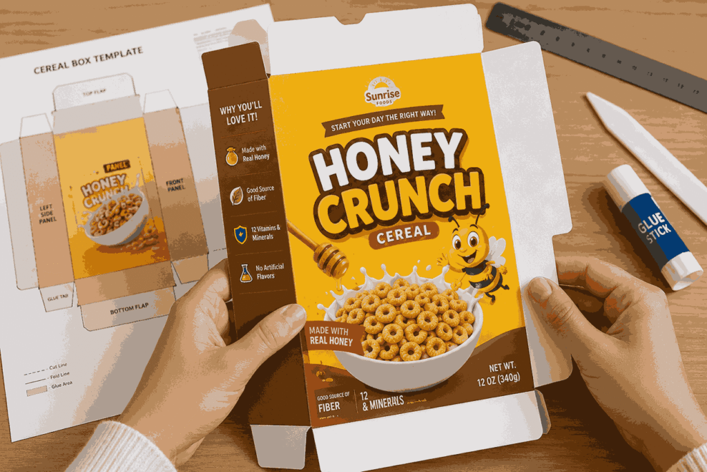 printed custom cereal box sample folded from cardstock paper