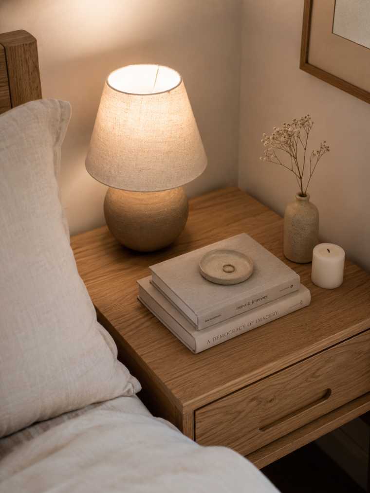 Cozy minimalist bedroom detail

