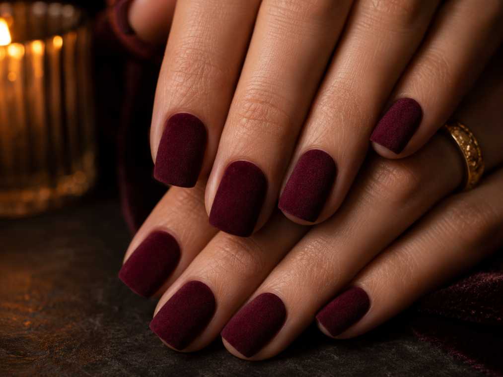 Dark Burgundy Velvet Nails