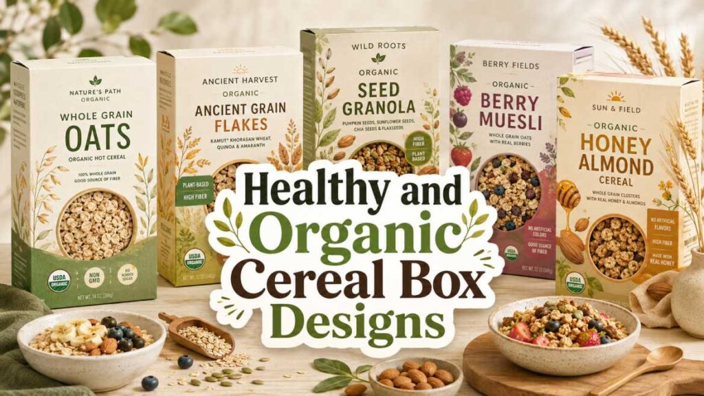 Healthy organic cereal collection on display