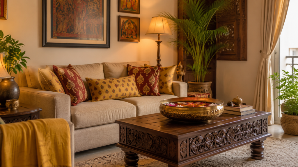 Indian home decor living room with wooden furniture, brass accents, block printed cushions, warm lighting, and traditional wall art.