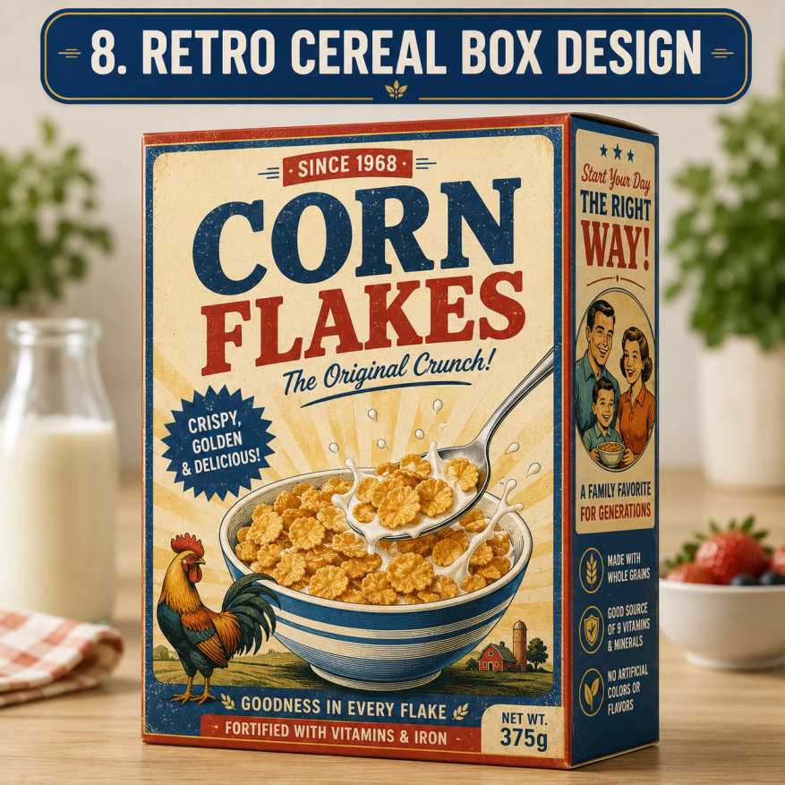 Retro cereal box on kitchen counter