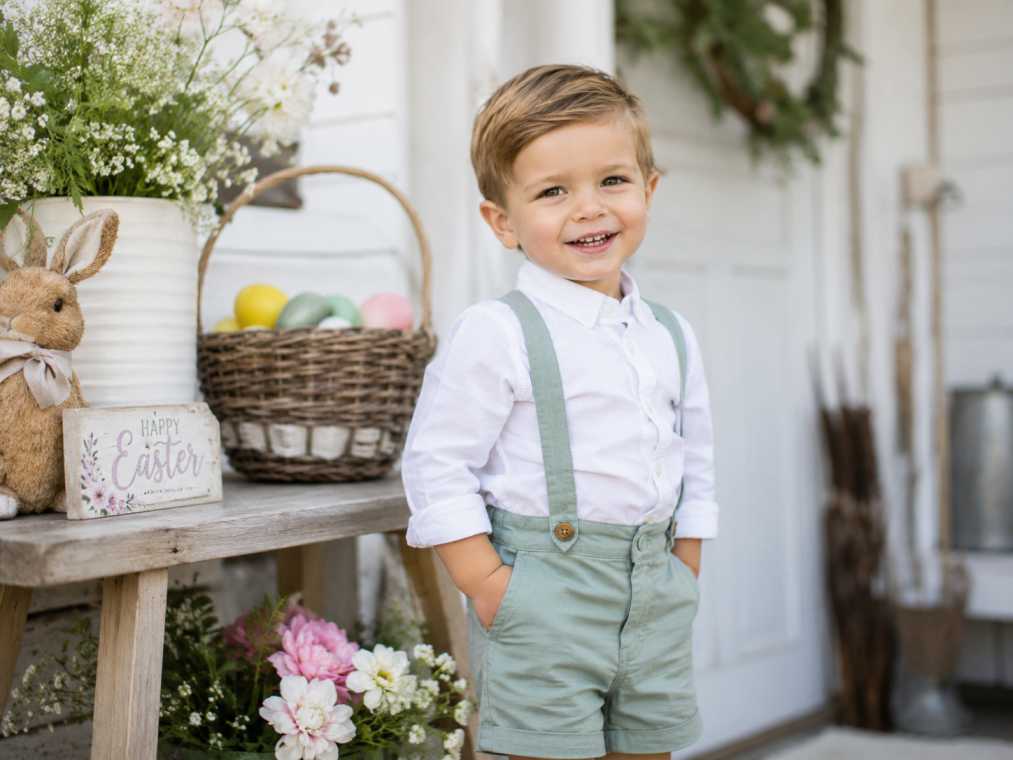 Toddler boy easter outfit with white shirt suspenders and sage green shorts