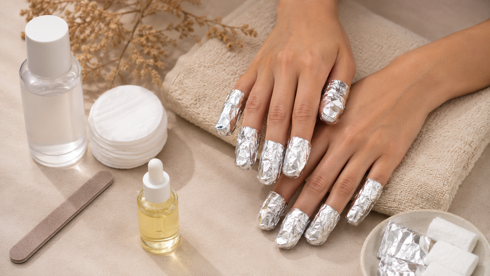 How to soak off acrylic nails safely at home using acetone and foil