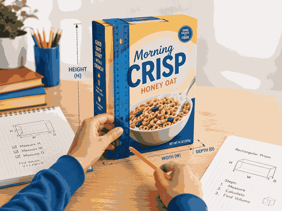 Student measuring cereal box dimensions for geometry project