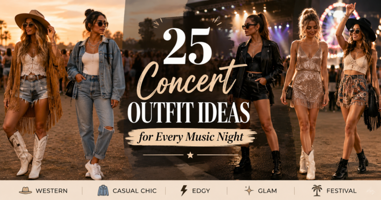 Stylish concert outfit ideas with denim, boots, sparkly tops, and festival fashion inspiration
