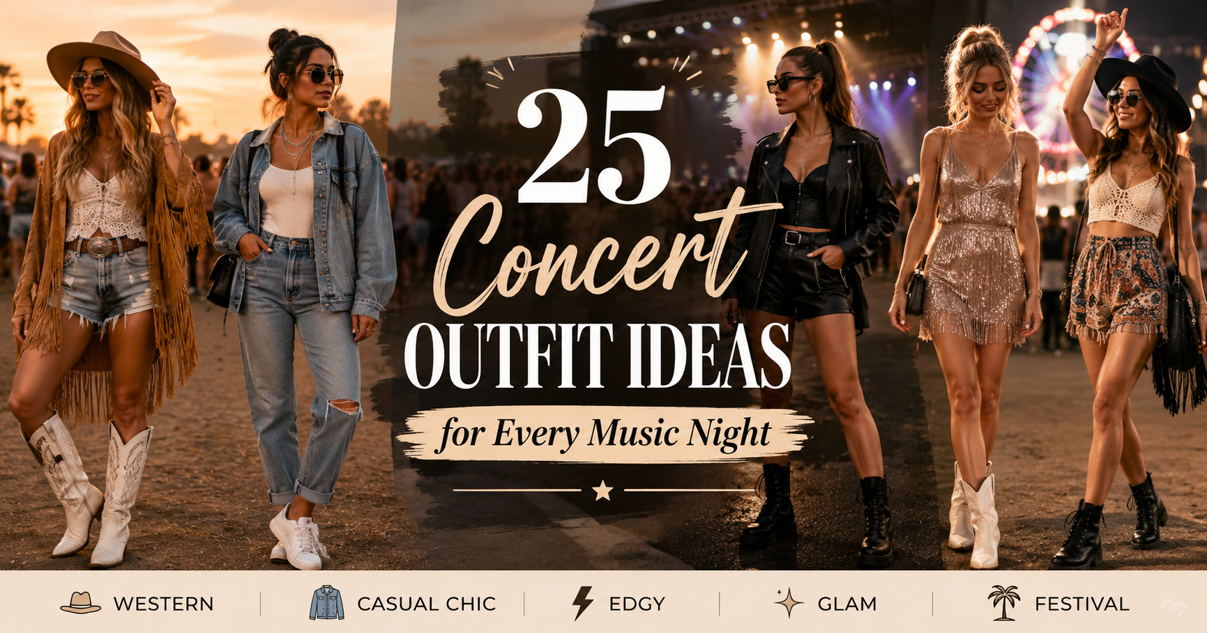 Stylish concert outfit ideas with denim, boots, sparkly tops, and festival fashion inspiration