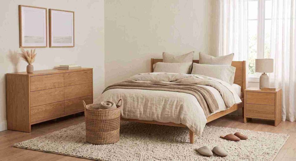 Cozy neutral bedroom with soft textured rug under the bed


