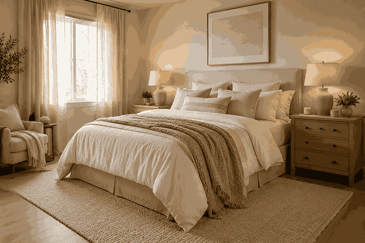Cozy neutral bedroom ideas with cream bedding, warm wood and soft lighting