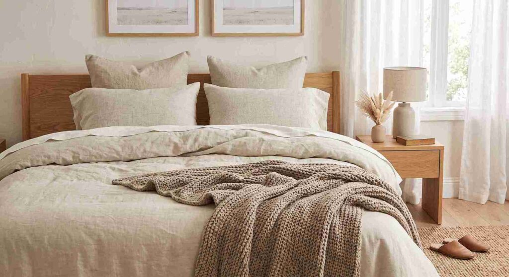 Cozy bed with layered neutral bedding and textured throw