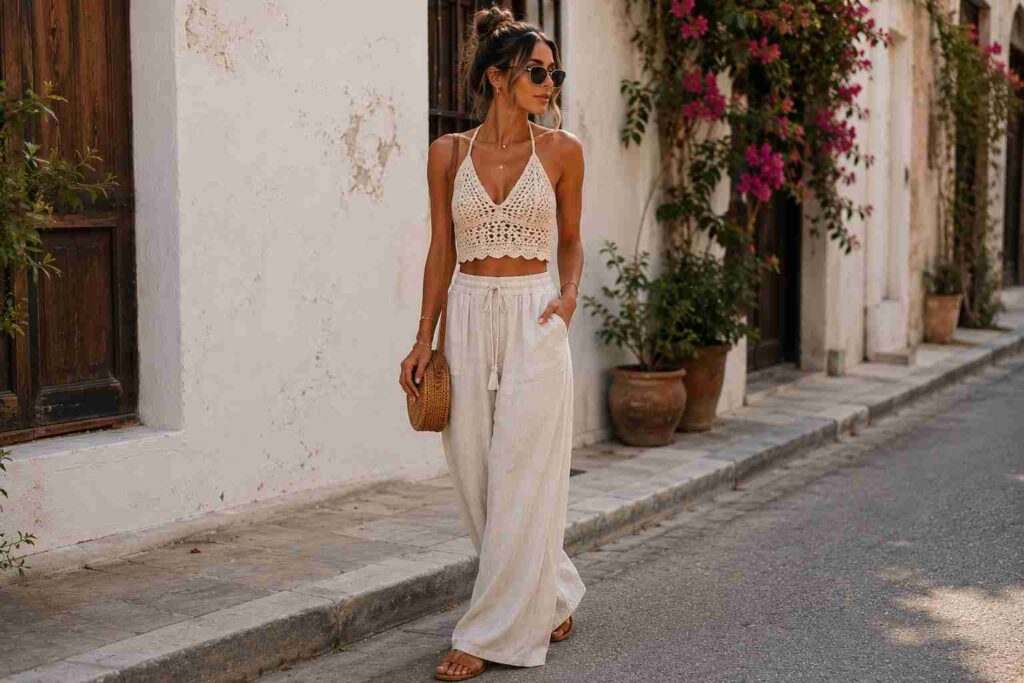 crochet top and flowy pants for concert outfit ideas