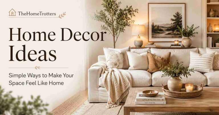 “Cozy living room with warm lighting, plants, neutral sofa, and home decor ideas TheHomeTrotters style”