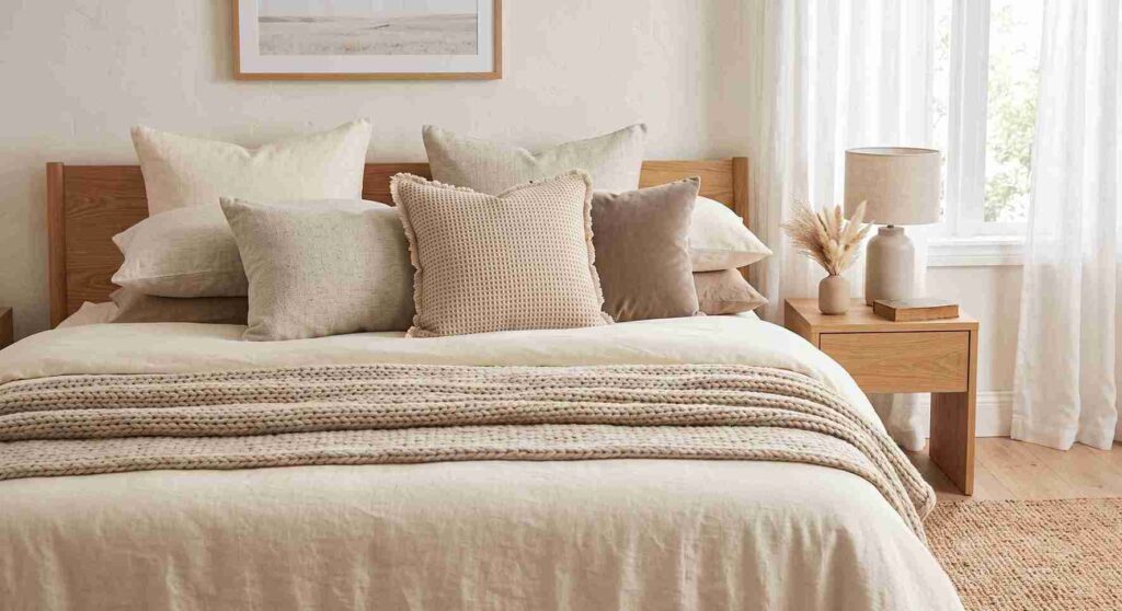 Neutral bedroom layered with cream, oatmeal, beige and taupe tones