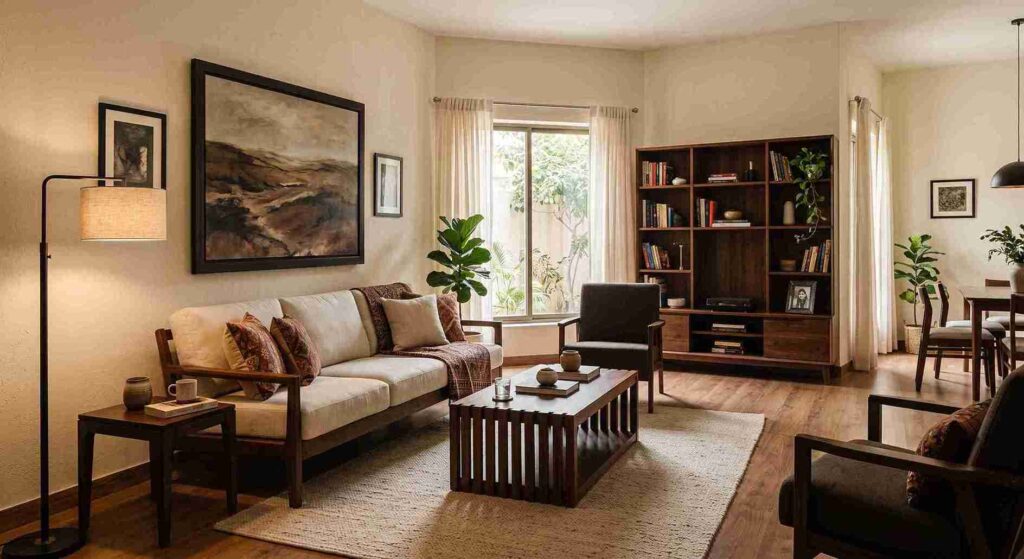 Cream bedroom with walnut furniture and subtle dark accents