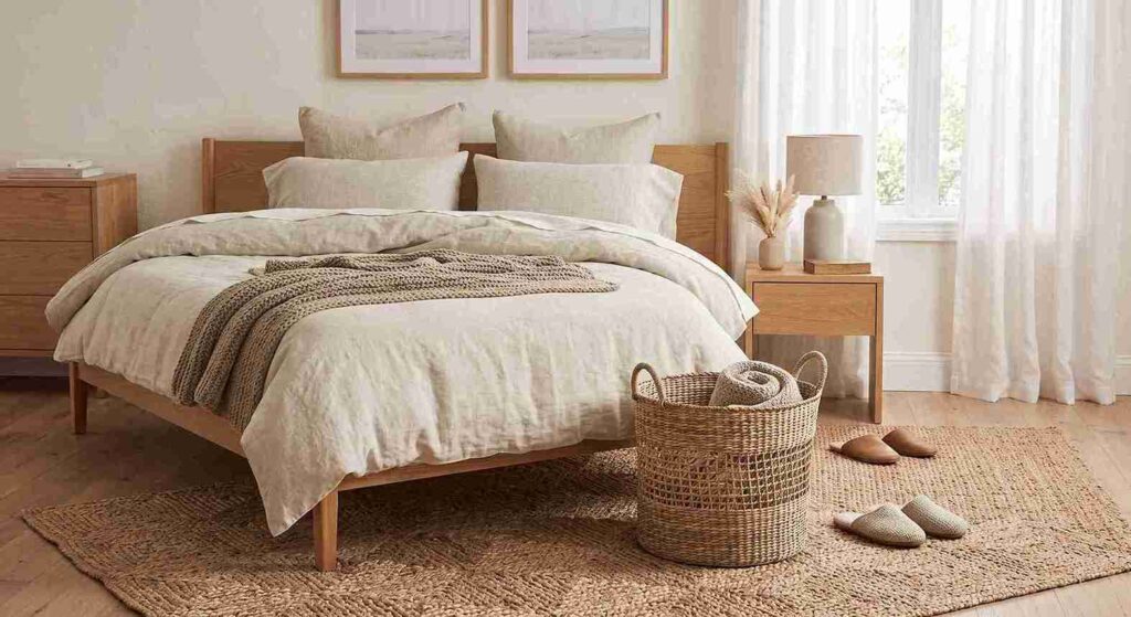 Neutral bedroom with linen, knit and woven textures