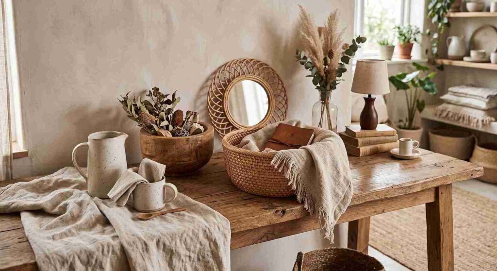 Cozy bedroom styled with natural wood, linen and woven decor