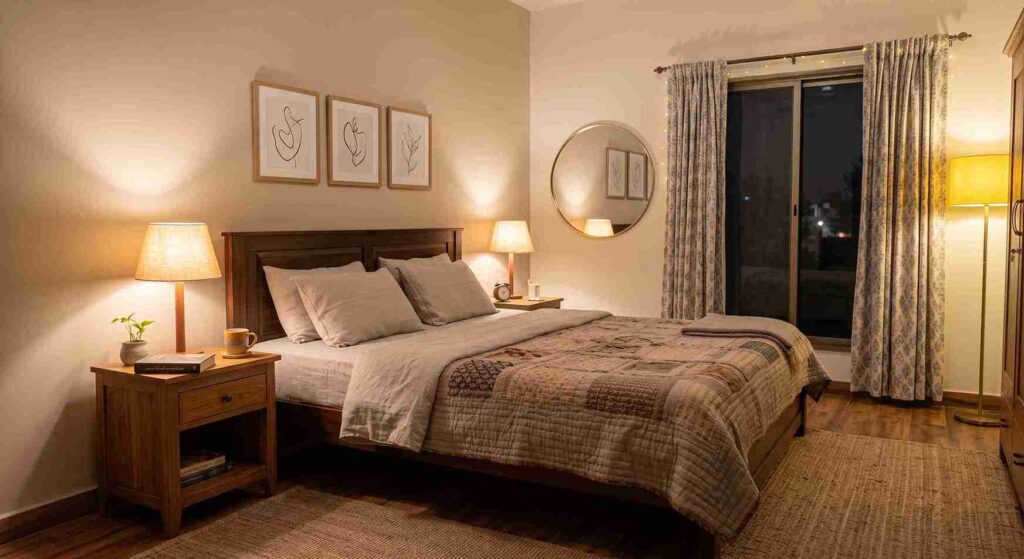 Neutral bedroom with simple wall art above a cream bed

