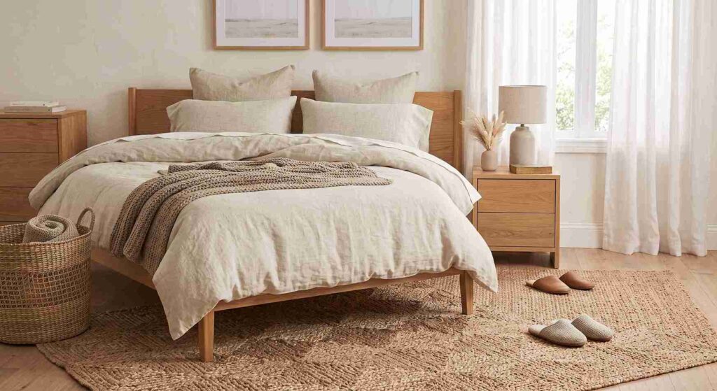 Neutral bedroom with warm wood furniture and cream bedding