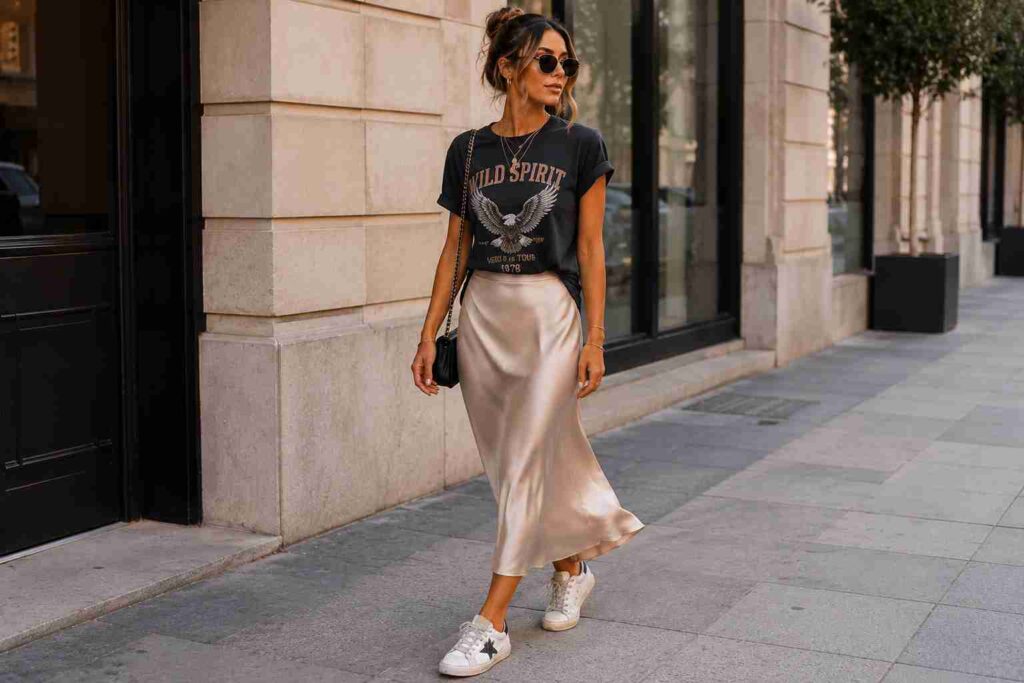 satin skirt with graphic tee for concert outfit ideas
