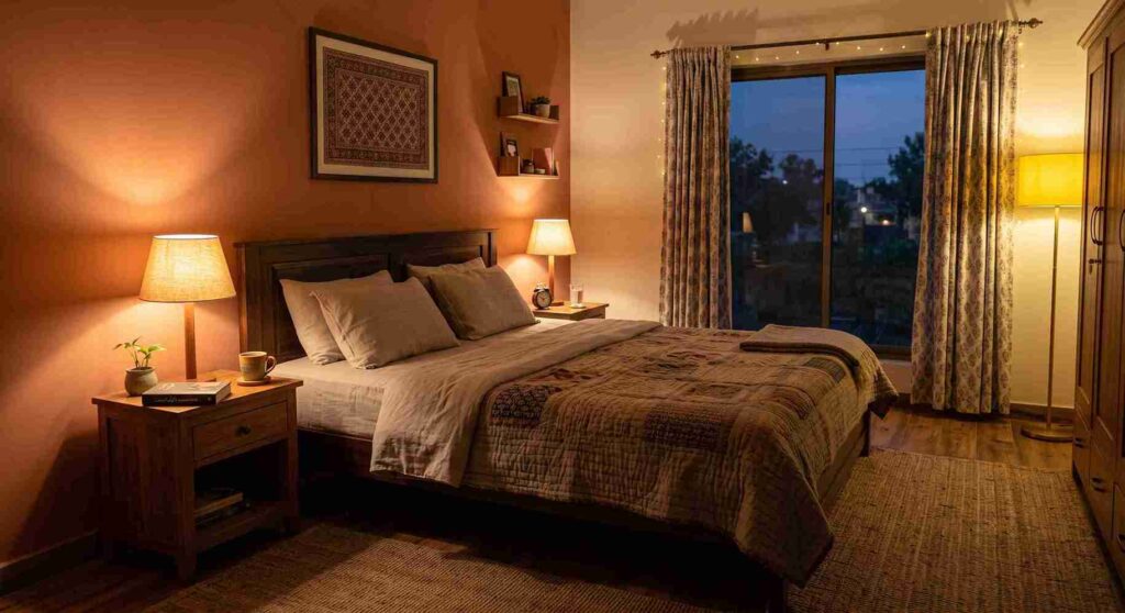 Neutral bedroom with warm bedside lighting and soft bedding

