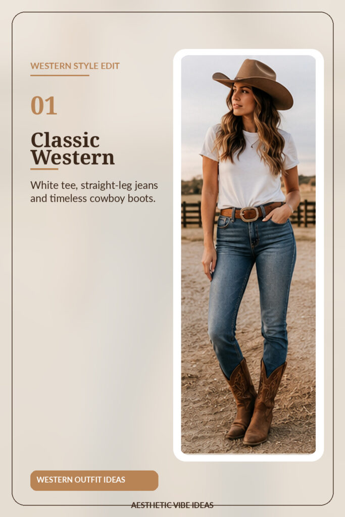 White T-shirt with straight-leg jeans and cowboy boots