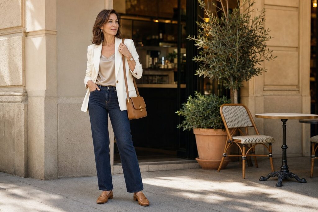 Tailored blazer with straight-leg jeans outfit idea for women over 40.