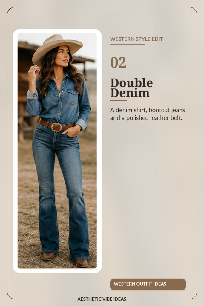 Denim shirt with dark bootcut jeans Western outfit