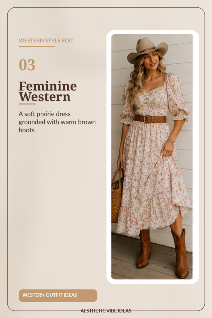 Prairie midi dress with brown cowboy boots