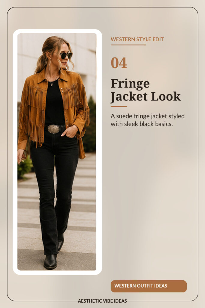 Suede fringe jacket with black jeans outfit