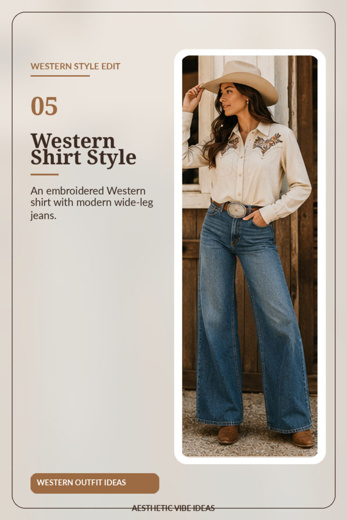 Western shirt with wide-leg jeans for women
