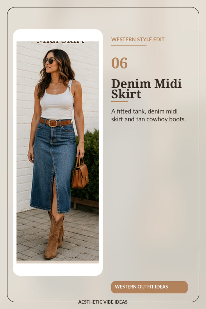 Denim midi skirt with cowboy boots outfit