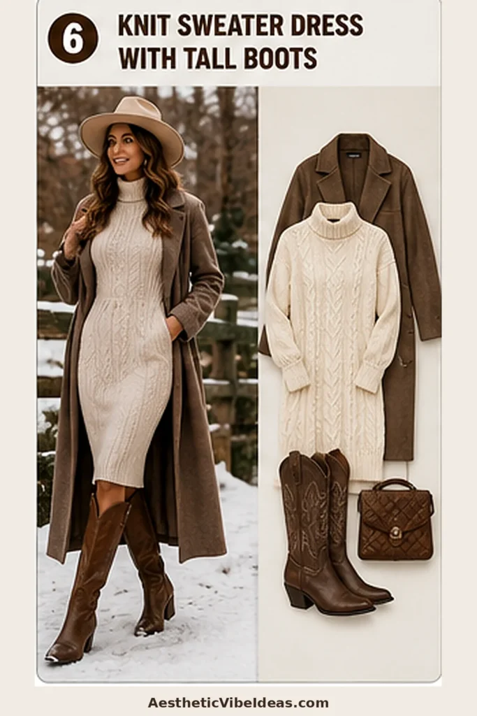 Knit sweater dress with tall Western boots and wool coat